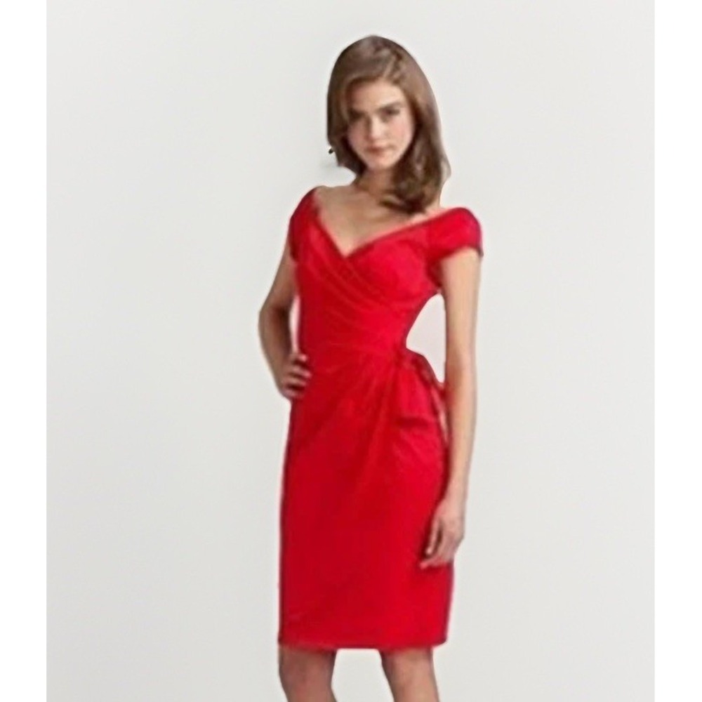Nanette Lepore Red Linen Blend Dress Sz 10 Retro Sexy V-Neck Sheath Fitted Midi